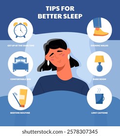 Woman sleeping peacefully in bed surrounded by tips for better sleep, including icons for routine and environment, on a blue background. Wellness concept. Vector illustration