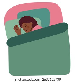 Woman sleeping peacefully. Flat style illustration representing rest, relaxation, healthy sleep, and bedtime routine.