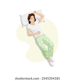 Woman sleeping peacefully in pajamas on a soft pillow. Vector illustration