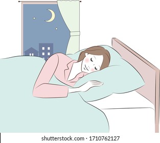 Woman sleeping peacefully smiling in her bed. 