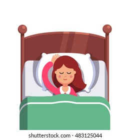 Woman sleeping peacefully smiling in her bed. Flat style modern vector illustration isolated on white background.