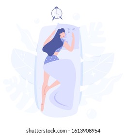 Woman sleeping. Person rest in the bed on the pillow late at night. Peaceful dream and relax. Vector illustration in cartoon style