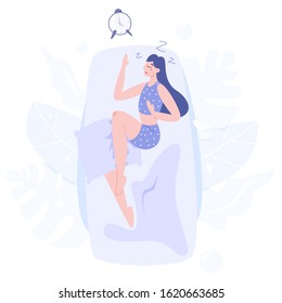 Woman sleeping. Person rest in the bed on the pillow late at night. Peaceful dream and relax. Vector illustration in cartoon style