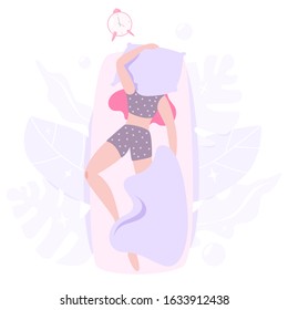 Woman sleeping. Person rest in the bed on the pillow late at night. Peaceful dream and relax. Vector illustration in cartoon style