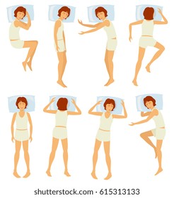 Woman sleeping postures, relaxing female sleep in different poses in bedroom - vector set