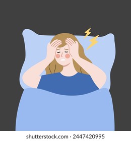 Mujer con problemas de sueño. Chica sin dormir acostada en la cama. Insomnio, tratamiento, atención médica, estilo de vida, conceptos de salud mental. Ilustración aislada de diseño de Vector de carácter plano.