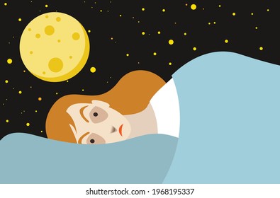 Woman sleeping problems, night mare, insomnia symptoms. Flat illustration with full moon. 