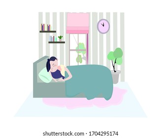 Woman sleeping in the room. Cute girl  stay at home. People vector illustration . Cute cartoon character person flat design .Clip art on white isolated background.