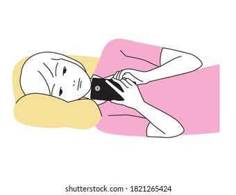 A woman sleeping sideways and staring at a smartphone