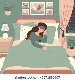 Woman sleeping with sleep mask in her bed. Healthy night sleep concept. Vector flat illustration