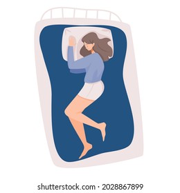 woman sleeping sleep on one's side postures. concept of  sleeping at night, dreaming, comfortable, and relaxing, Flat vector cartoon illustration