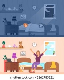 Woman sleeping. Sleep and wake up and stretch in bed girl. Healthy sleepover in bedroom, night and morning of female decent vector character