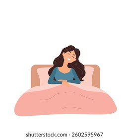 woman sleeping smiling. flat design of woman sleeping on bed. sleep soundly