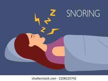 Woman sleeping and snoring in flat design. Snore health problem concept vector illustration.