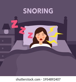 Woman sleeping and snoring loud noise in bedroom in flat design. Snore problem concept vector illustration.