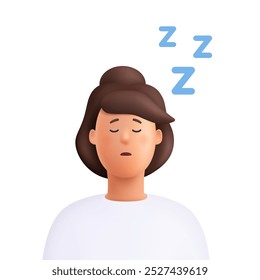 Mujer durmiendo y roncando con la boca abierta y con el sonido del ruido zzz. Apnea del sueño, ronquidos, concepto de salud médica. Personaje de personas de Vector 3D. Estilo minimalista de dibujos animados.