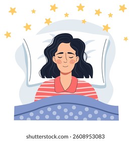 Woman sleeping sweetly in her bed. Concept of good night sleep, relaxation, mental health. Flat graphic vector illustration isolated on white background