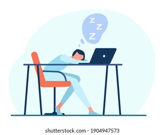 Woman sleeping at table with laptop. Computer, desk, work flat vector illustration. Fatigue and overworking concept for banner, website design or landing web page