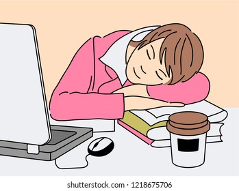 Woman is sleeping at the table with laptop in office