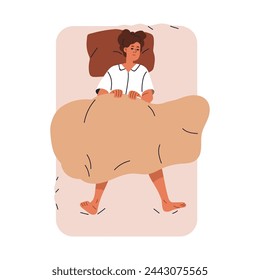 Woman sleeping, top view. Person asleep, lying in bed. Female character dreaming, slumbering on pillow, soft mattress under blanket. Flat graphic vector illustration isolated on white background