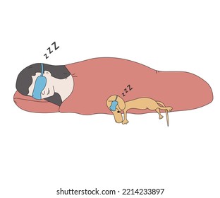 a woman sleeping under a blanket in a sleep mask and a dog sleeping on a bed in a sleep mask