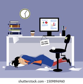 Woman sleeping under her office desk during working hours, EPS 8 vector illustration