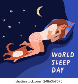 Mujer durmiendo. Ilustración vectorial con la mujer durmiendo y su gato mascota en el fondo del cielo estrellado. Relajación en el dormitorio. Día mundial del sueño.