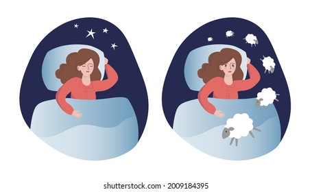 Woman sleeping vs. lacking sleep. Set of two illustrations. Concept of insomnia.