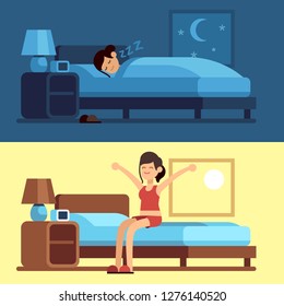 Woman sleeping waking up. Girl relaxing bedroom night, awake morning stretching sitting on mattress. Female good sleep vector set