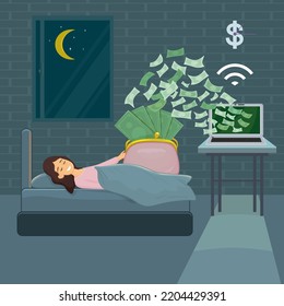 Mujer durmiendo mientras gana dinero en línea de la computadora, ilustradora de dibujos animados vectoriales dibujando imágenes
