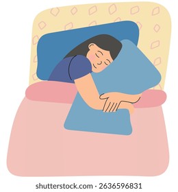Woman sleeping while hugging a pillow. Vector illustration for concepts like sleep hygiene, bedtime routine, mental health, and self-care.