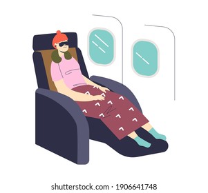 Woman sleeping while travel by plane. Female cartoon sit in chair relaxed in airplane business class. Girl comfortable during flight. Flat vector illustration