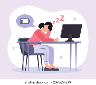 Woman sleeping at workplace. Female character sitting at table, resting his head on his hand. Employee tired overworked, burnout. Low energy level lunch time break. Cartoon flat vector illustration