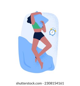 Una mujer duerme en una pose de espalda con almohada en la cara. Vista superior de la posición de dormir por la noche. Ilustración vectorial de estilo plano aislada en fondo blanco.