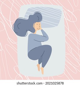 The woman sleeps in bed. Good healthy sleep. Sweet dreams. View from above. Vector illustration in flat cartoon style