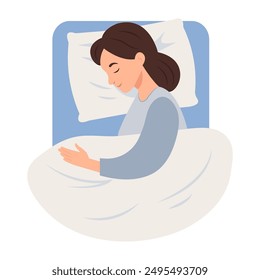  A woman sleeps in bed lying on a pillow and covered with a blanket. Vector illustration.