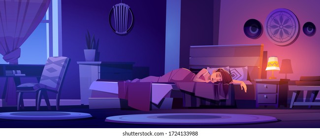 Woman sleeps in bed at night. Bedroom interior in boho style with wooden furniture. Vector cartoon illustration with asleep girl, lit lamp on nightstand and moon light from window