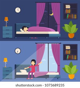 Woman sleeps in bed at night and wakes up in the morning.