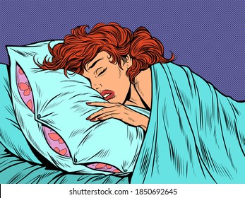 A woman sleeps in a bed on a pillow. Pop art retro illustration kitsch vintage 50s 60s style