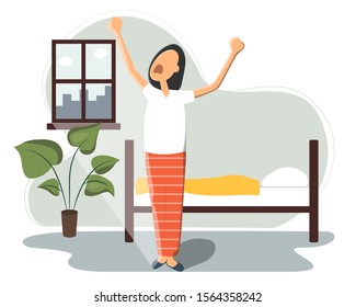 A woman sleeps in bed and wakes up and yawns. The sun shines brightly through the window. Rest in the bedroom and Wake up in the morning. Start of working day, everyday life, daily activity.
