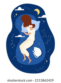 Woman sleeps in comfort. Dreams and rest, recuperation. Comfortable bed, quality furniture. Night starry sky and different constellations, fantasy and imagination. Cartoon flat vector illustration