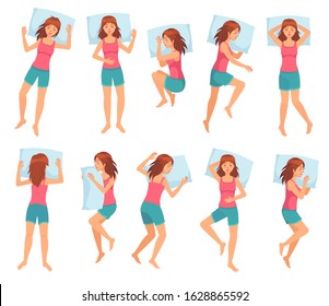 Woman sleeps in different poses. Healthy night sleep, sleeping pose and female character sleep on pillow cartoon vector illustration set. Bundle of girl lying in various postures during night repose.