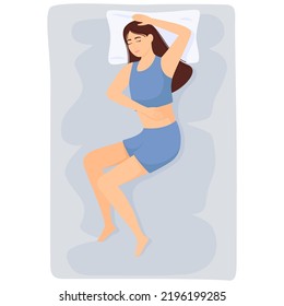 Woman sleeps. Girl in pajamas sleeping on bed. Vector illustration