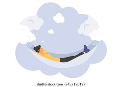 Woman sleeps in hammock suspended on clouds, having good dreams and filling herself with energy before new working day. Fantastic dream of girl flying in sky and enjoying wonderful dreams