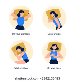 A woman sleeps or has a nap in different positions. Sleeping on your back, side, stomach, and in a fetal pose. Top view. Vector flat modern illustration for a banner, or info graphics.