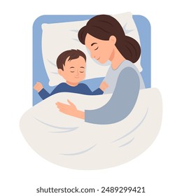 A woman sleeps with her baby at night in bed. Conceptual illustration of breastfeeding, safe sleep with the baby, motherhood, care and relaxation. Vector illustration