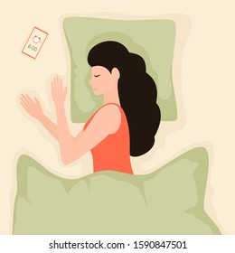 Woman sleeps in her bed under a blanket. The alarm clock on the phone wakes up the young lady. Cartoon illustration with sleeping beautiful girl.