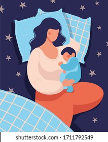 A Woman Sleeps With Her Newborn Baby At Night In Bed. Conceptual Illustration Of Breastfeeding, Safe Sleep With The Baby, Motherhood, Care And Relaxation. Flat Vector Illustration