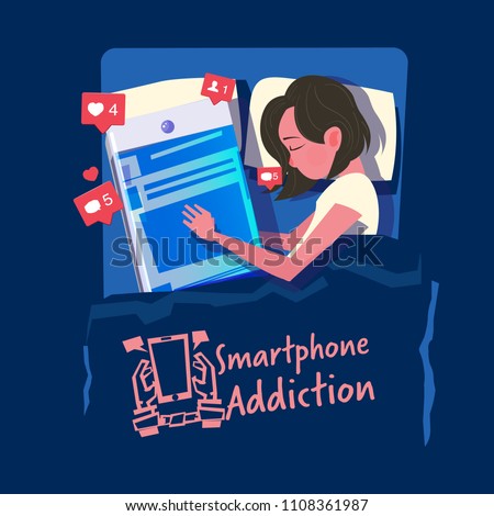 woman sleeps with her smartphone in the bed. smartphone or social media addiction concept - vector illustration