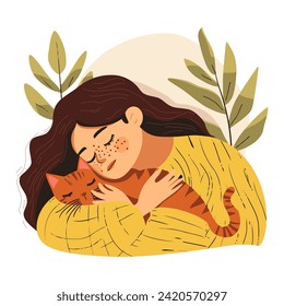 La mujer duerme, abrazando al gato - Capturando tranquilidad, comodidad y compañerismo felino. Ilustración de vectores planos 